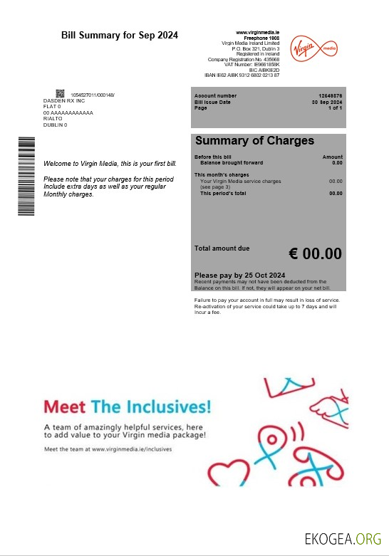 Modèle de facture de services publics pour les entreprises d'Irlande Virgin Media aux formats Word et PDF, version 2